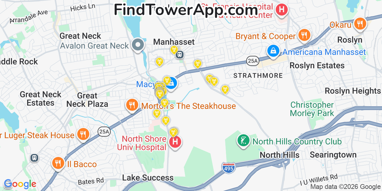 Map showing the 20 primary cell tower locations detected in Manhasset, New York from AT&T, Verizon, and T-Mobile networks