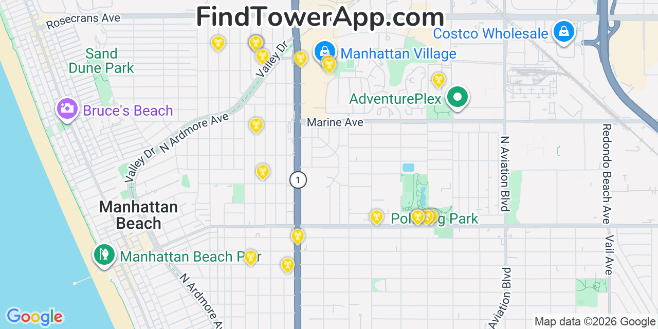 Map showing the 20 primary cell tower locations detected in Manhattan Beach, California from AT&T, Verizon, and T-Mobile networks