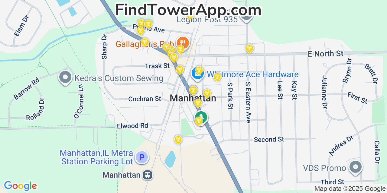 Map showing the 20 primary cell tower locations detected in Manhattan, Illinois from AT&T, Verizon, and T-Mobile networks