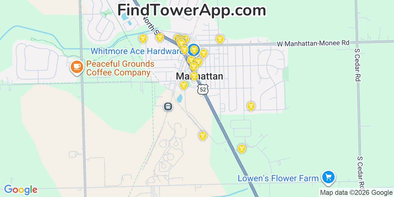 Map showing the 20 primary cell tower locations detected in Manhattan, Illinois from AT&T, Verizon, and T-Mobile networks