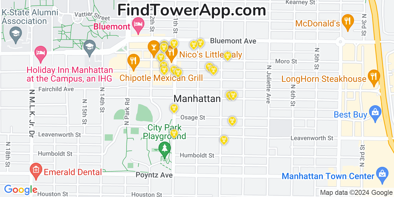 AT&T 4G/5G cell tower coverage map Manhattan, Kansas