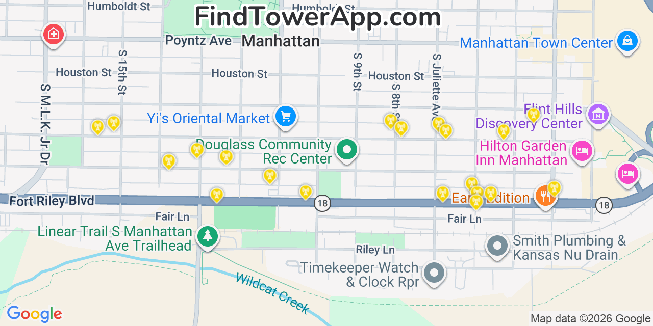 Map showing the 20 primary cell tower locations detected in Manhattan, Kansas from AT&T, Verizon, and T-Mobile networks