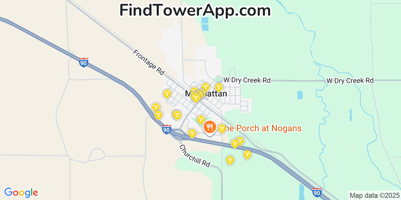 Map showing the 20 primary cell tower locations detected in Manhattan, Montana from AT&T, Verizon, and T-Mobile networks