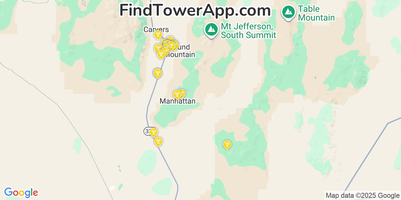 Map showing the 20 primary AT&T cell tower locations detected in Manhattan, Nevada with coverage radius and signal strength indicators