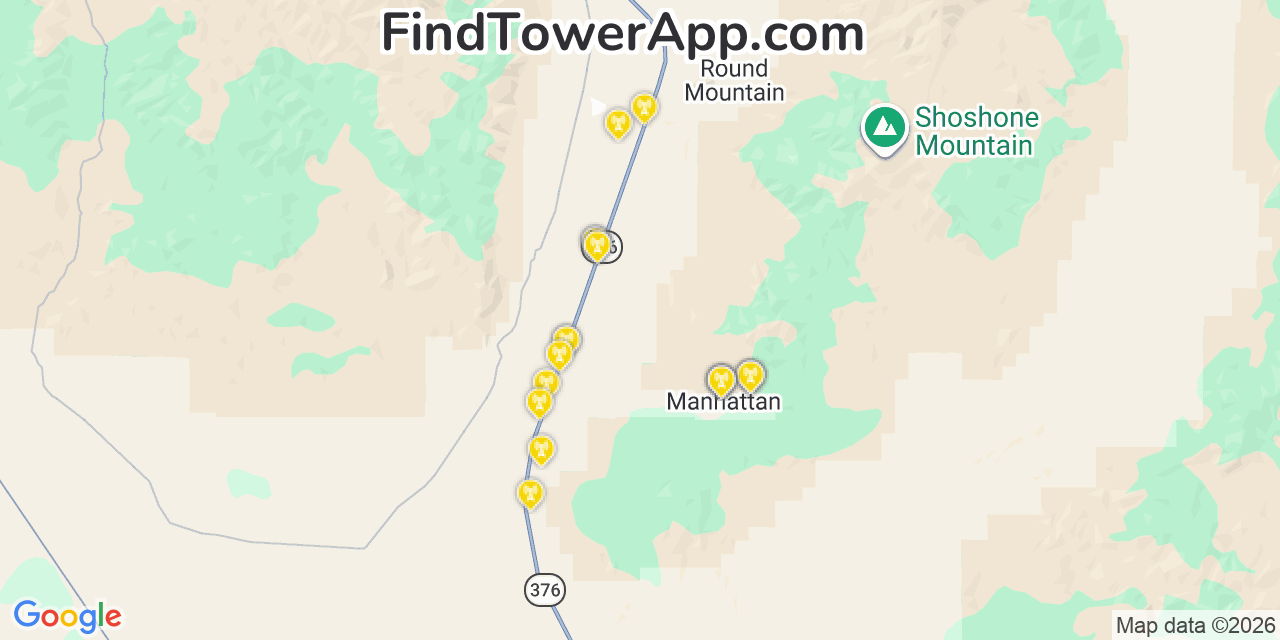 Map showing the 20 primary cell tower locations detected in Manhattan, Nevada from AT&T, Verizon, and T-Mobile networks