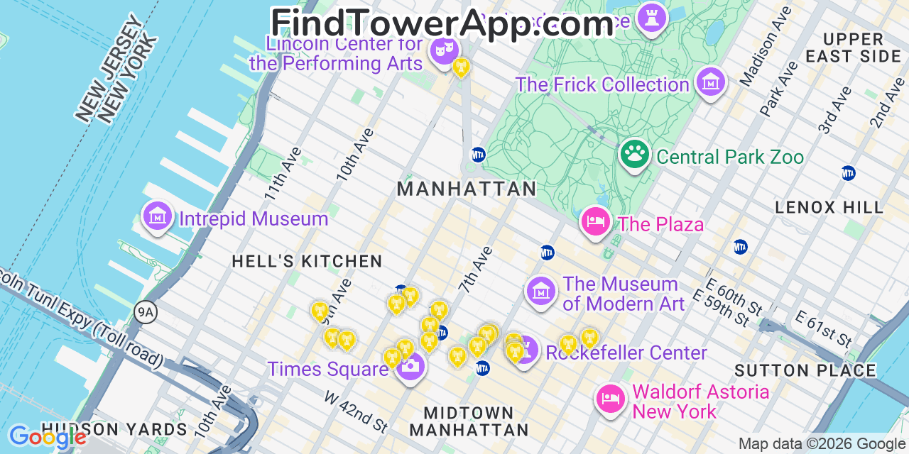 Map showing the 20 primary cell tower locations detected in Manhattan, New York from AT&T, Verizon, and T-Mobile networks