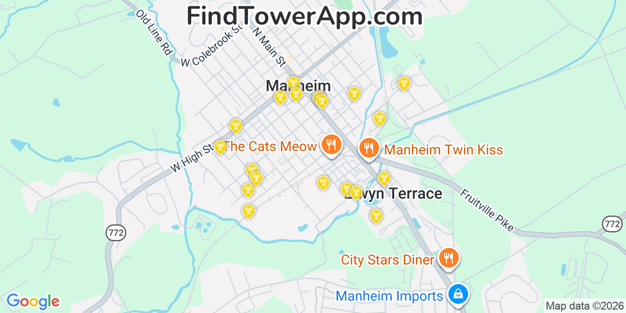 Map showing the 20 primary cell tower locations detected in Manheim, Pennsylvania from AT&T, Verizon, and T-Mobile networks