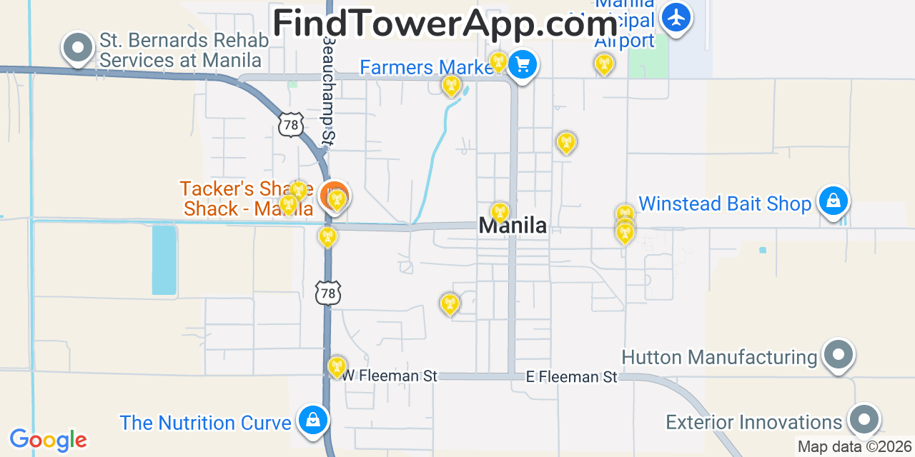 Map showing the 20 primary cell tower locations detected in Manila, Arkansas from AT&T, Verizon, and T-Mobile networks