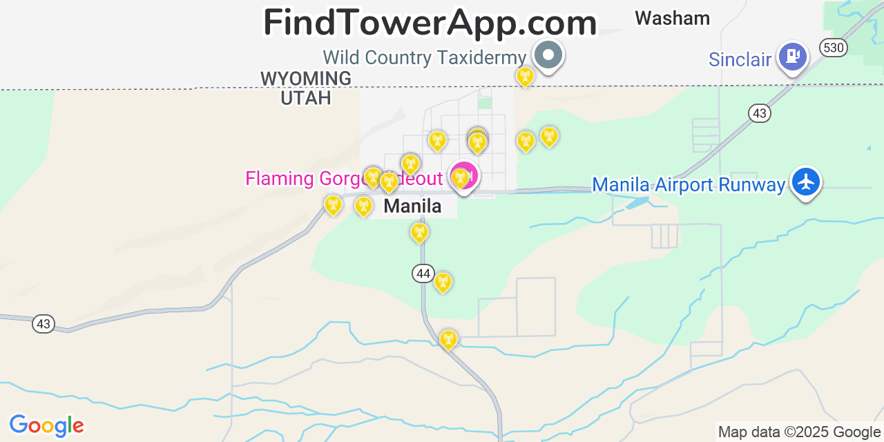 Map showing the 20 primary cell tower locations detected in Manila, Utah from AT&T, Verizon, and T-Mobile networks