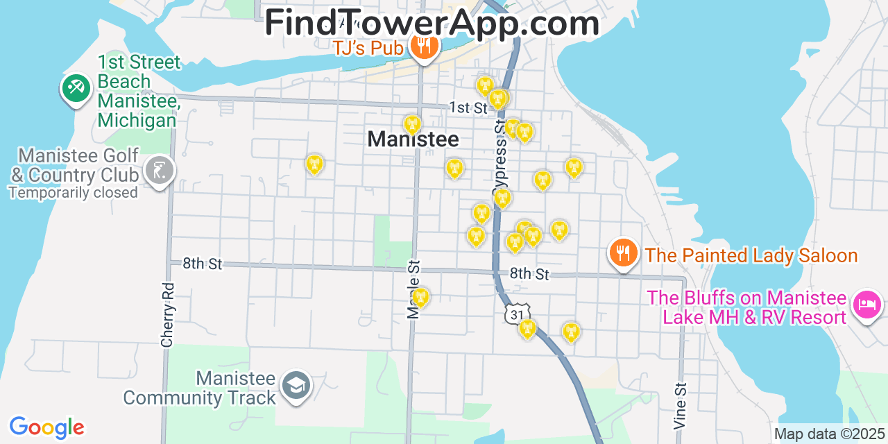 Map showing the 20 primary cell tower locations detected in Manistee, Michigan from AT&T, Verizon, and T-Mobile networks