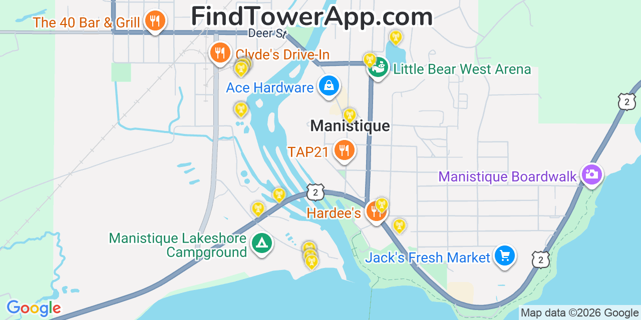 Map showing the 20 primary cell tower locations detected in Manistique, Michigan from AT&T, Verizon, and T-Mobile networks