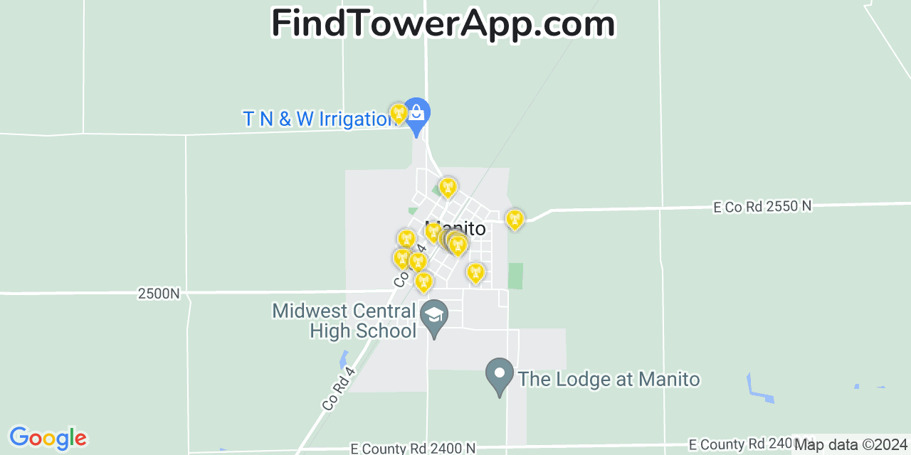 AT&T 4G/5G cell tower coverage map Manito, Illinois