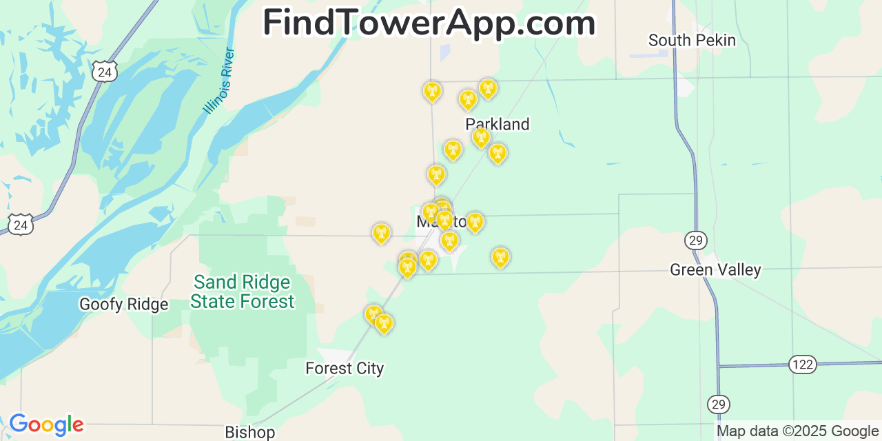Map showing the 20 primary cell tower locations detected in Manito, Illinois from AT&T, Verizon, and T-Mobile networks