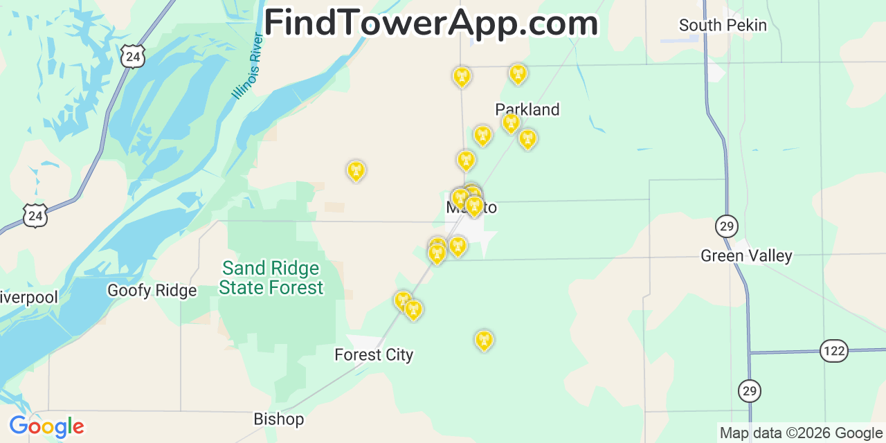 Map showing the 20 primary cell tower locations detected in Manito, Illinois from AT&T, Verizon, and T-Mobile networks