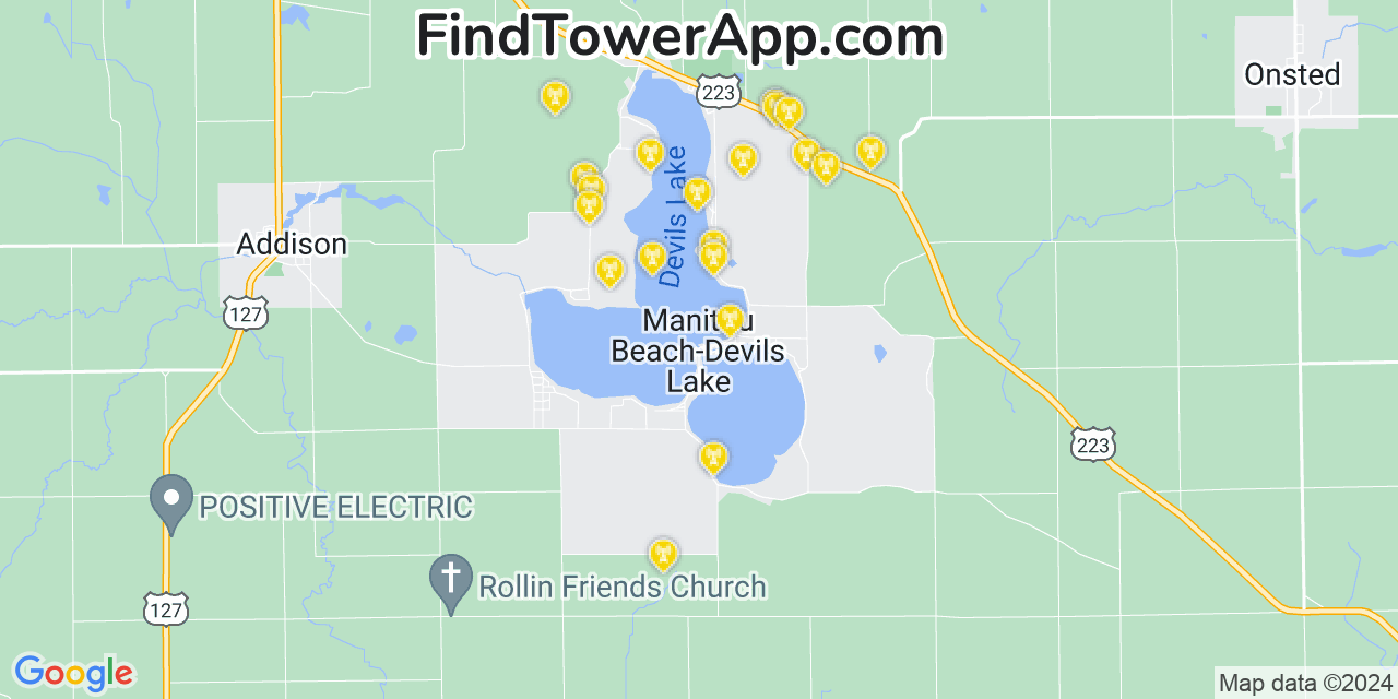 AT&T 4G/5G cell tower coverage map Manitou Beach Devils Lake, Michigan