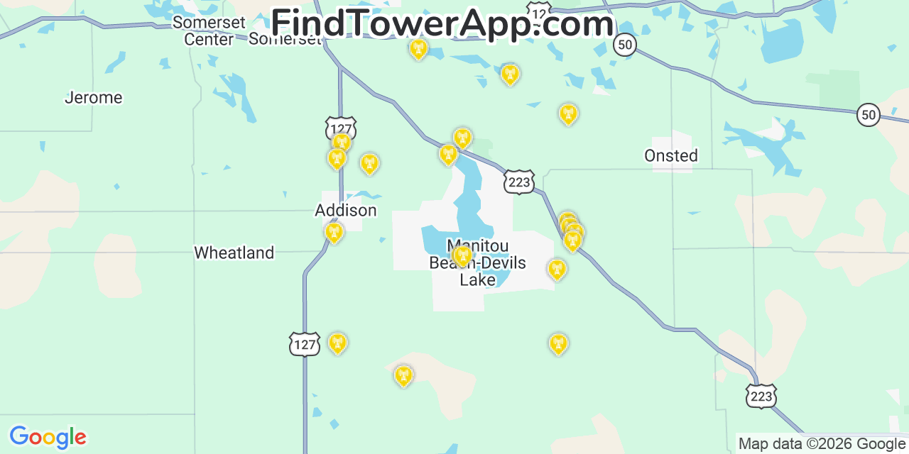 Map showing the 20 primary cell tower locations detected in Manitou Beach Devils Lake, Michigan from AT&T, Verizon, and T-Mobile networks