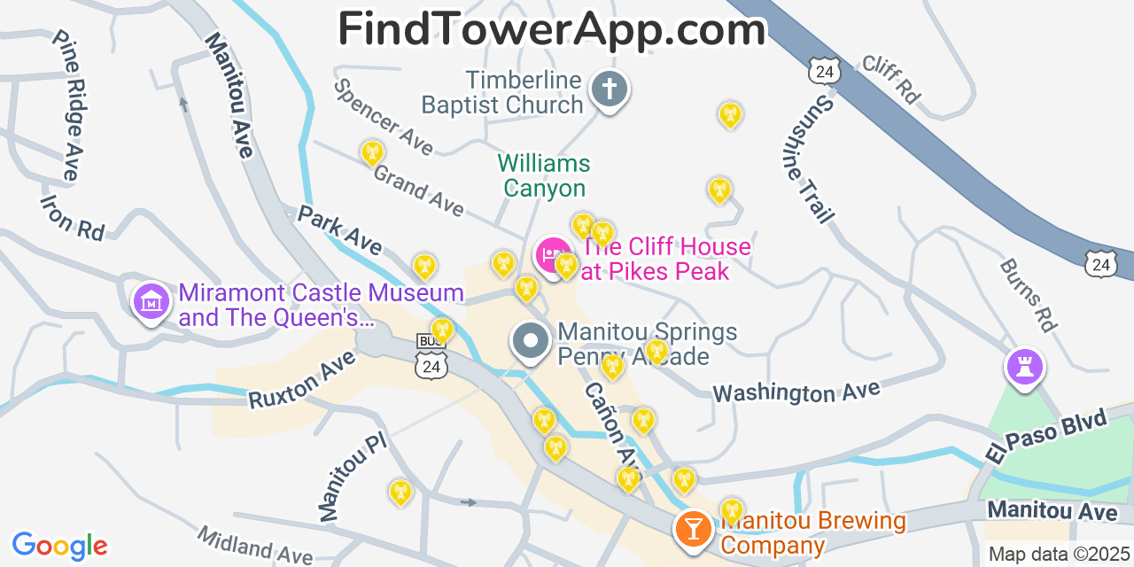 Map showing the 20 primary cell tower locations detected in Manitou Springs, Colorado from AT&T, Verizon, and T-Mobile networks