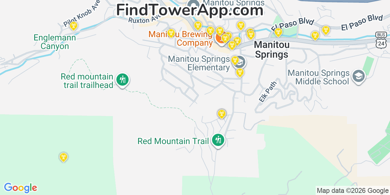 Map showing the 20 primary cell tower locations detected in Manitou Springs, Colorado from AT&T, Verizon, and T-Mobile networks
