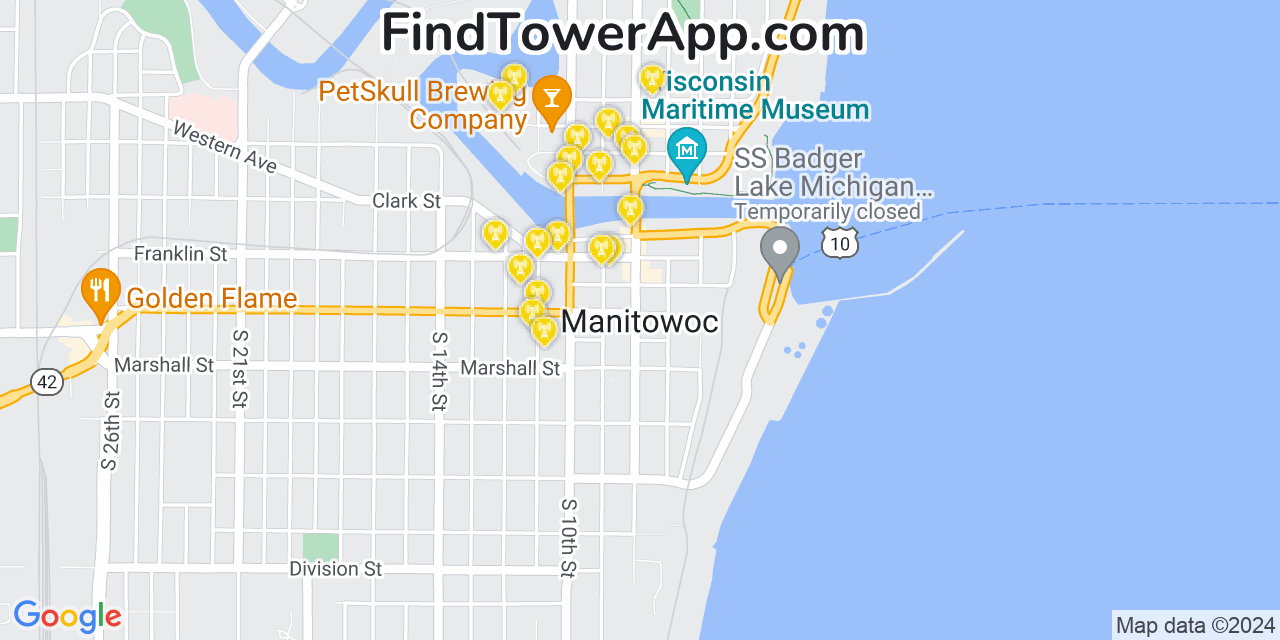 AT&T 4G/5G cell tower coverage map Manitowoc, Wisconsin