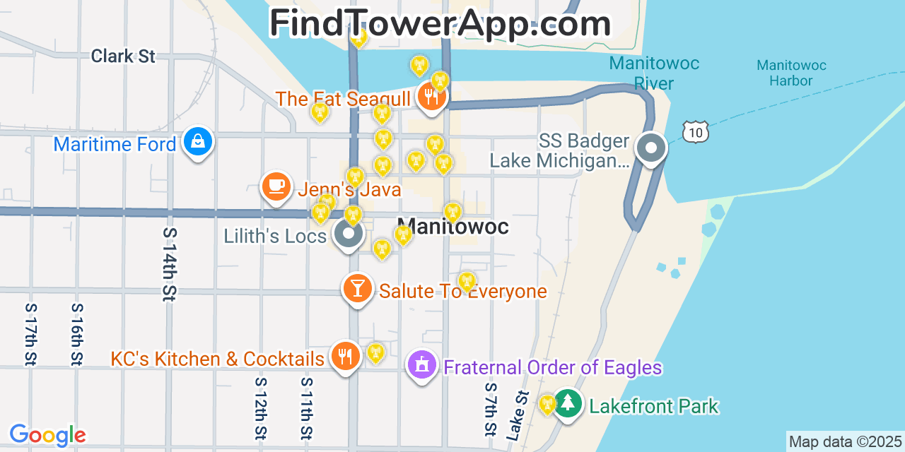 Map showing the 20 primary cell tower locations detected in Manitowoc, Wisconsin from AT&T, Verizon, and T-Mobile networks