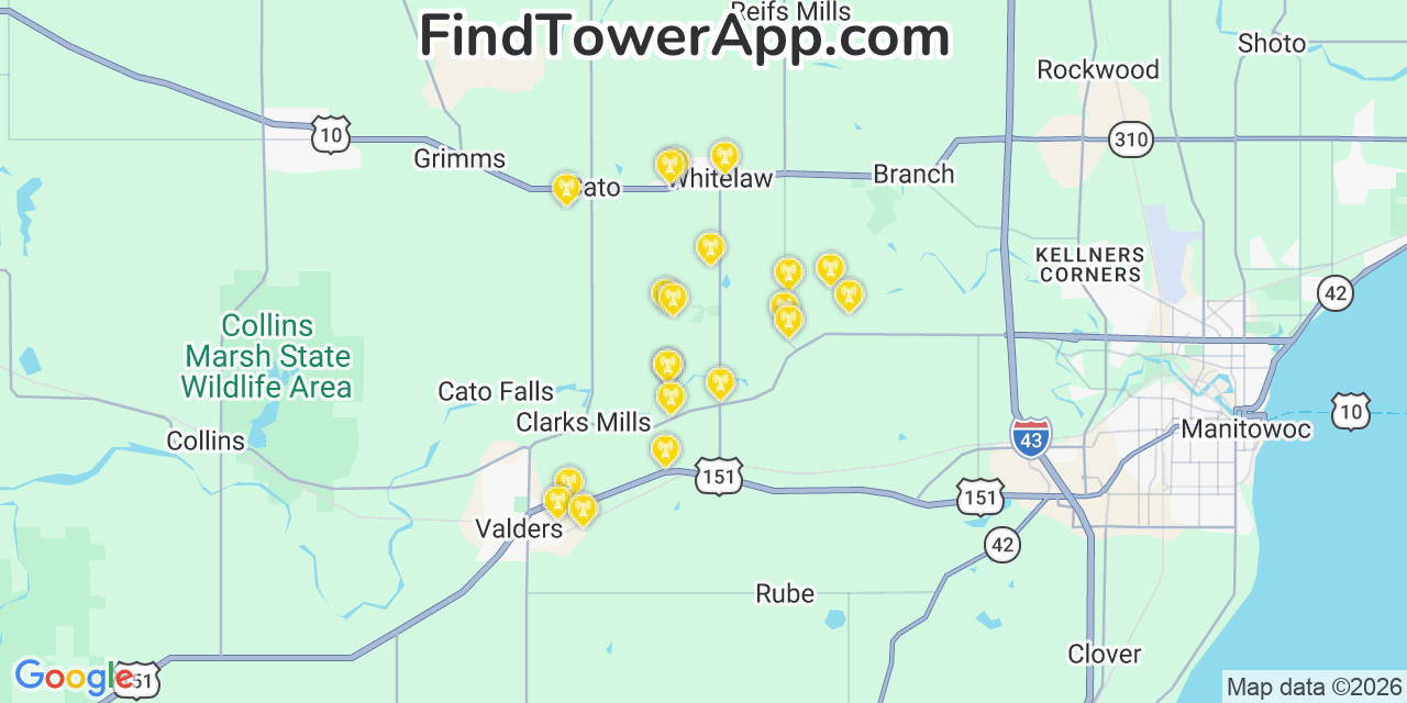 Map showing the 20 primary cell tower locations detected in Manitowoc, Wisconsin from AT&T, Verizon, and T-Mobile networks