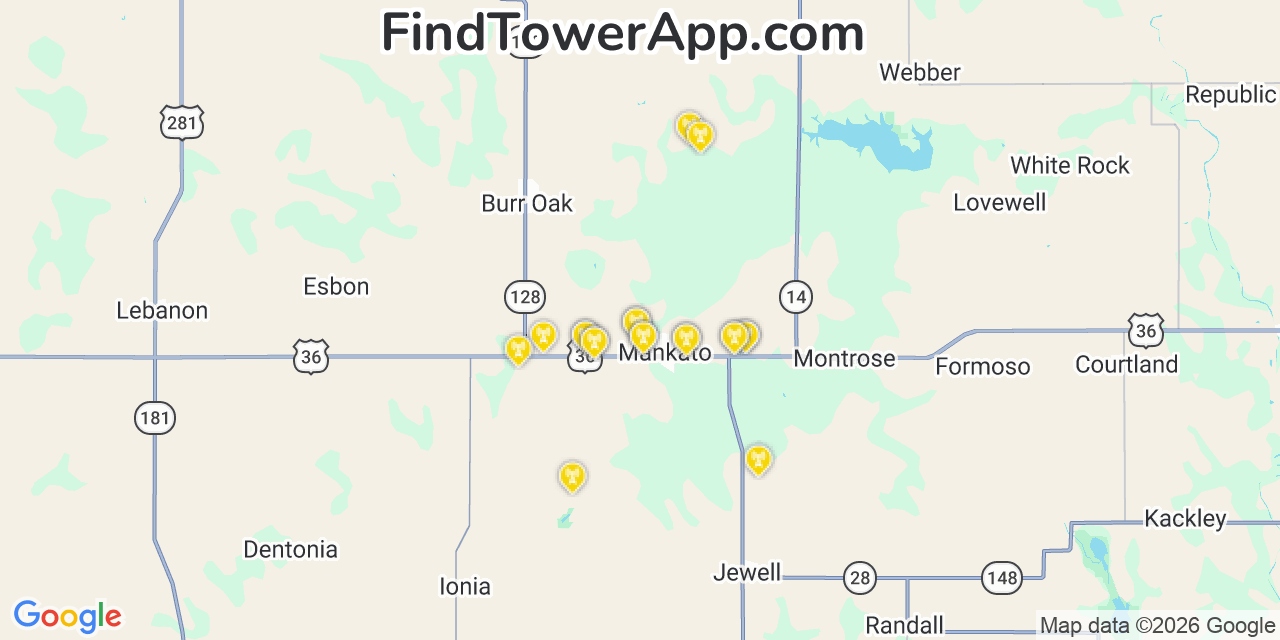 Map showing the 20 primary cell tower locations detected in Mankato, Kansas from AT&T, Verizon, and T-Mobile networks