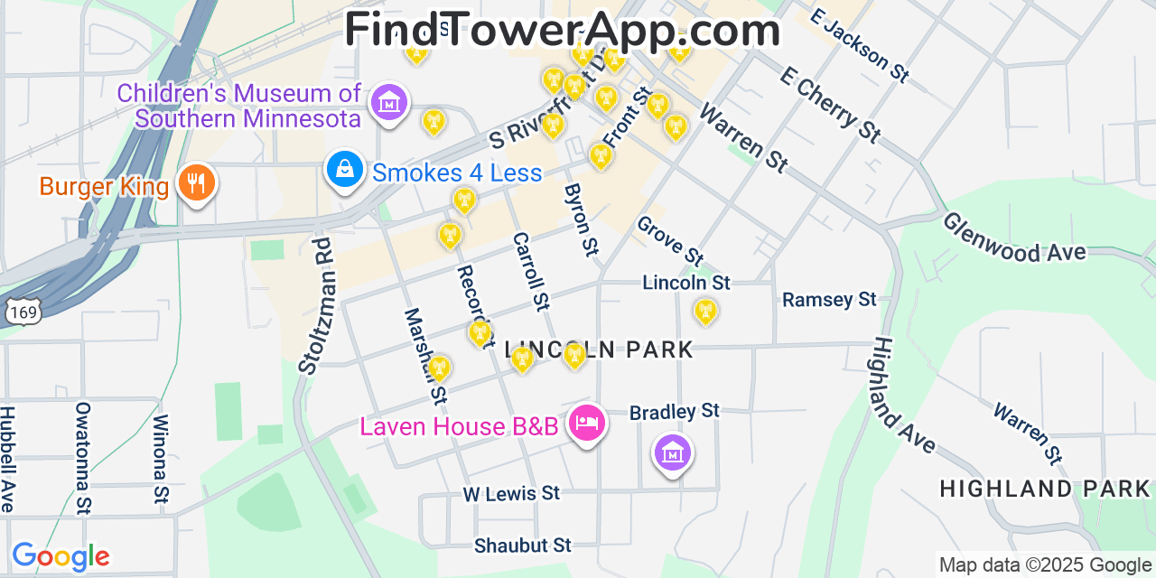 Map showing the 20 primary cell tower locations detected in Mankato, Minnesota from AT&T, Verizon, and T-Mobile networks