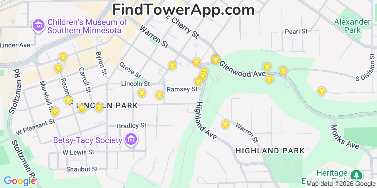 Map showing the 20 primary cell tower locations detected in Mankato, Minnesota from AT&T, Verizon, and T-Mobile networks