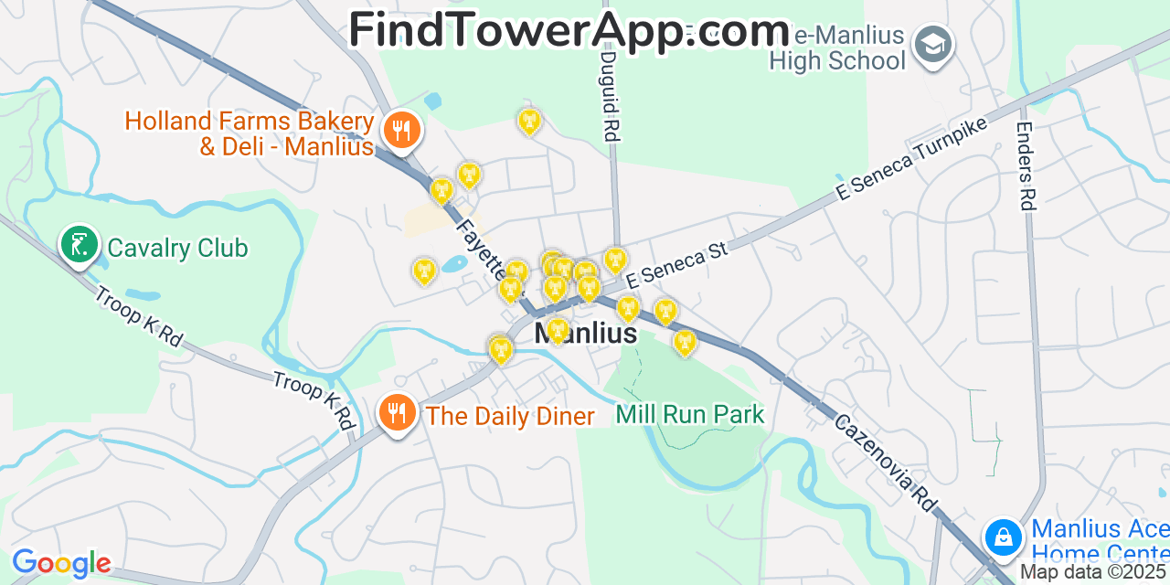 Map showing the 20 primary cell tower locations detected in Manlius, New York from AT&T, Verizon, and T-Mobile networks