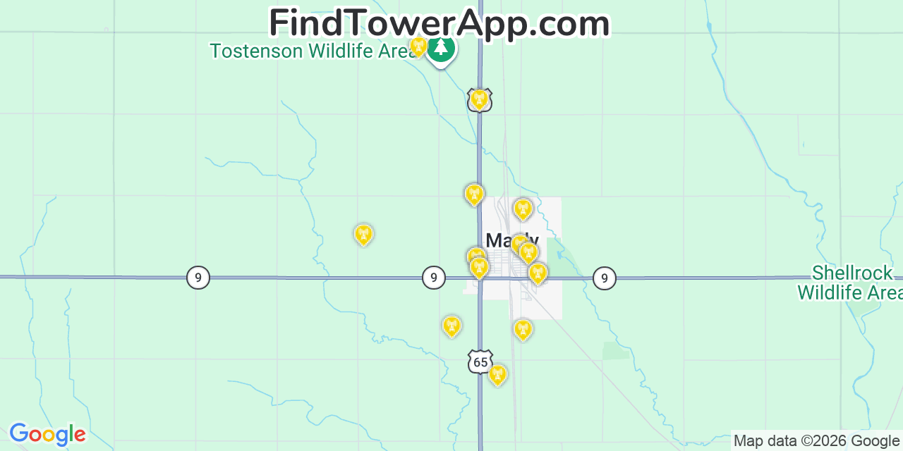 Map showing the 20 primary cell tower locations detected in Manly, Iowa from AT&T, Verizon, and T-Mobile networks