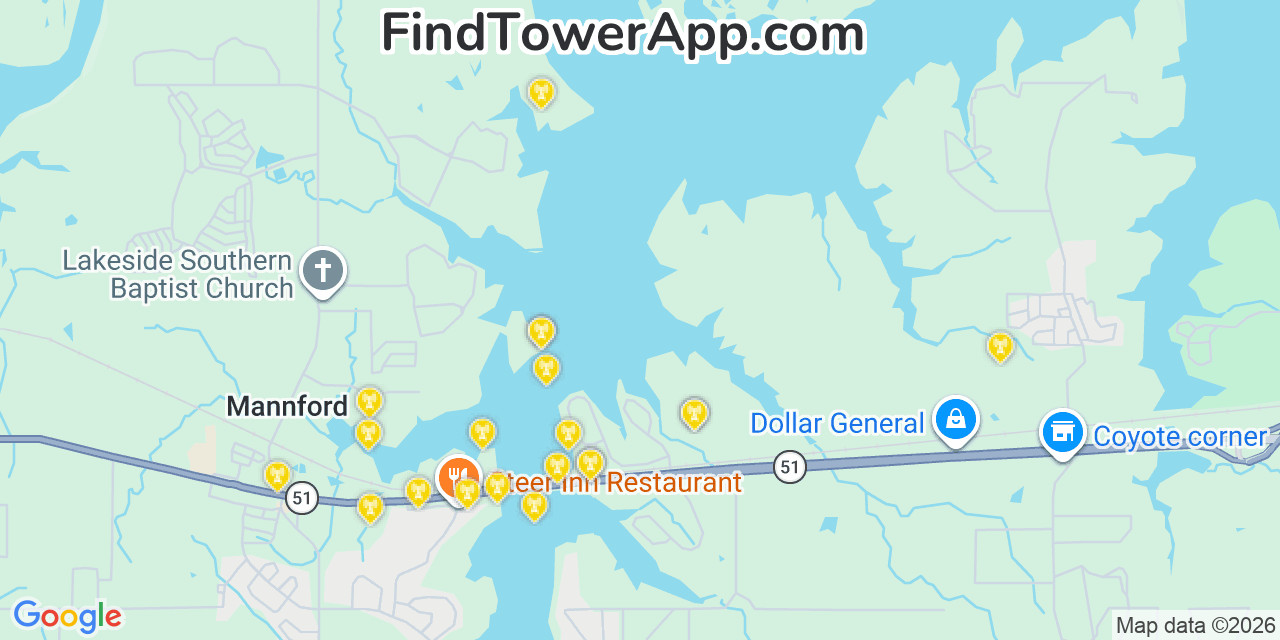 Map showing the 20 primary cell tower locations detected in Mannford, Oklahoma from AT&T, Verizon, and T-Mobile networks