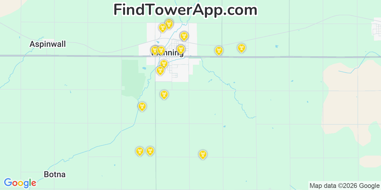 Map showing the 20 primary cell tower locations detected in Manning, Iowa from AT&T, Verizon, and T-Mobile networks
