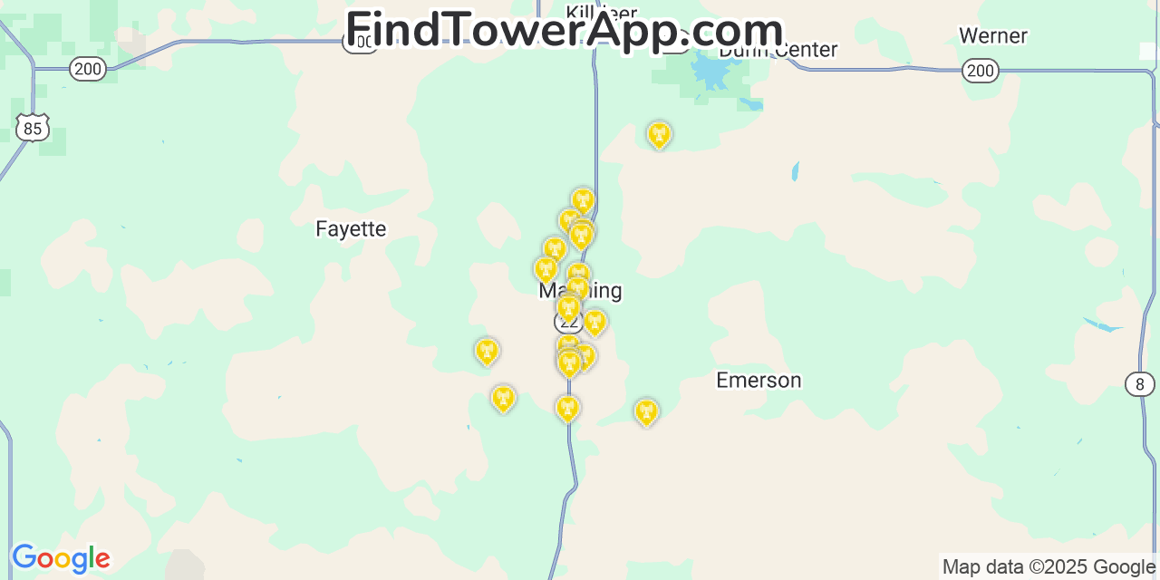 Map showing the 20 primary cell tower locations detected in Manning, North Dakota from AT&T, Verizon, and T-Mobile networks