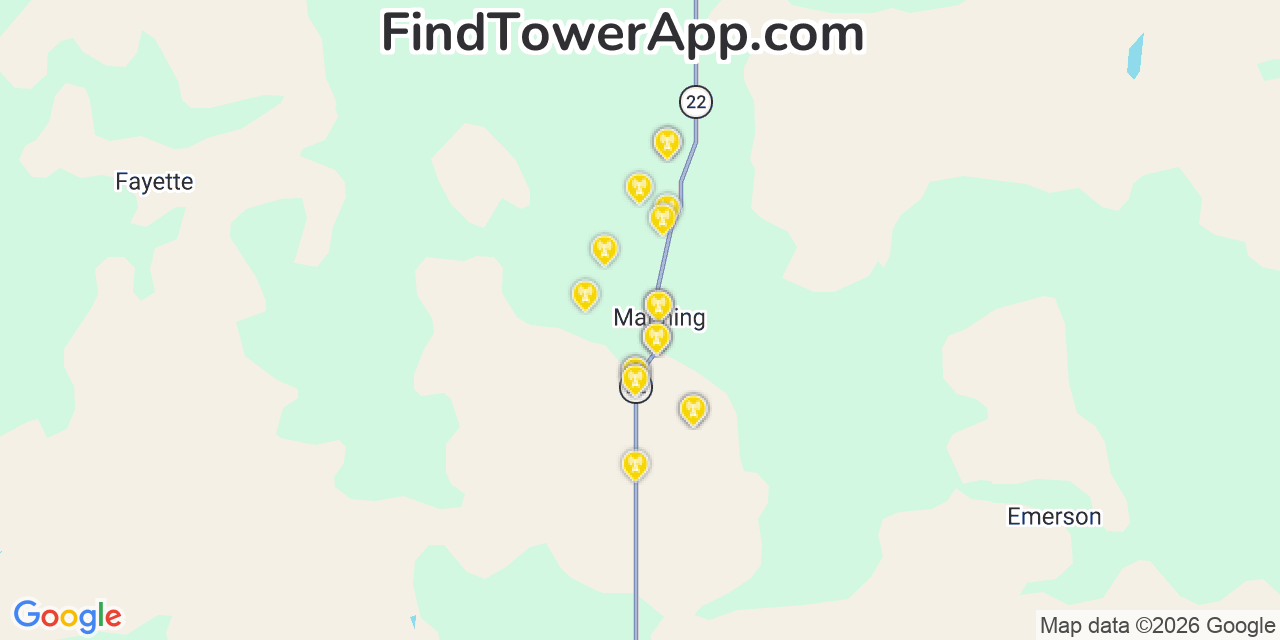 Map showing the 20 primary cell tower locations detected in Manning, North Dakota from AT&T, Verizon, and T-Mobile networks