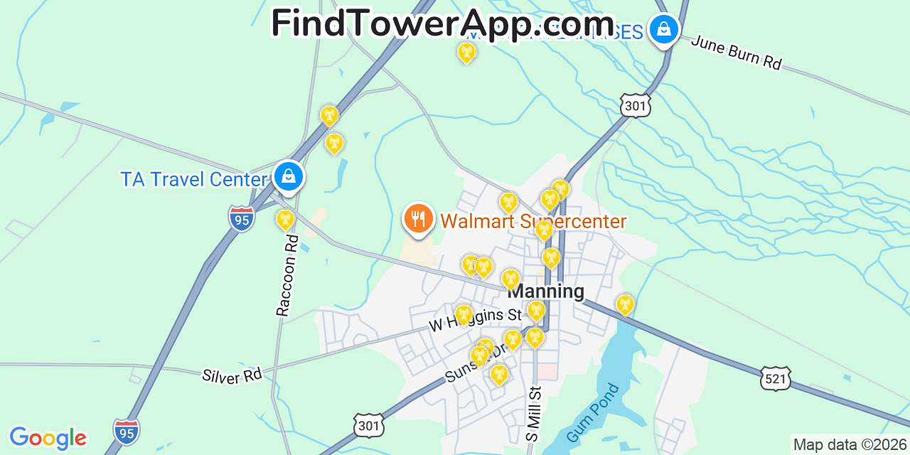 Map showing the 20 primary cell tower locations detected in Manning, South Carolina from AT&T, Verizon, and T-Mobile networks