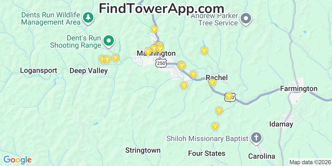 Map showing the 20 primary cell tower locations detected in Mannington, West Virginia from AT&T, Verizon, and T-Mobile networks