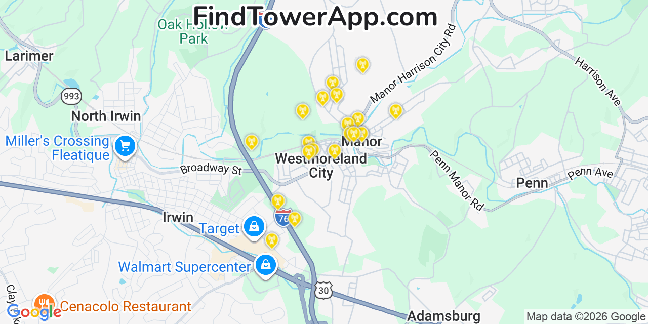 Map showing the 20 primary cell tower locations detected in Manor, Pennsylvania from AT&T, Verizon, and T-Mobile networks