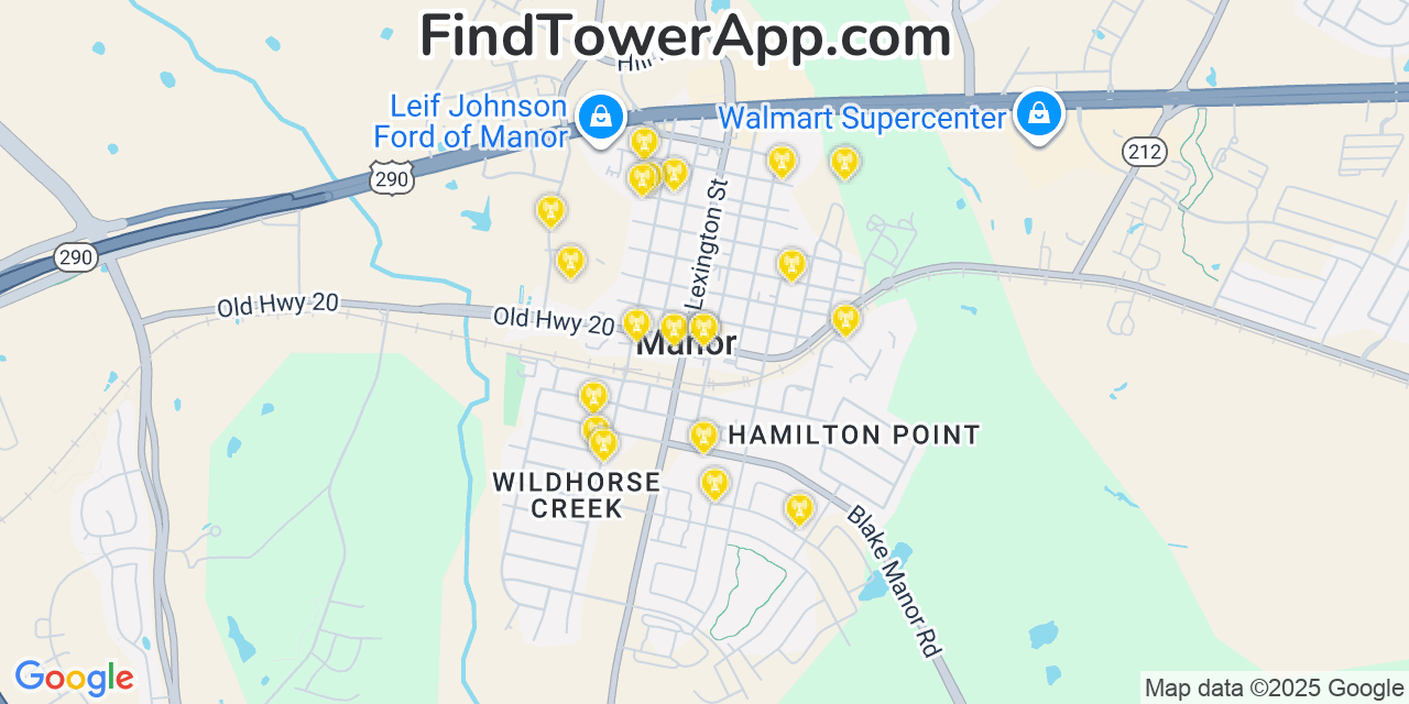 Map showing the 20 primary cell tower locations detected in Manor, Texas from AT&T, Verizon, and T-Mobile networks