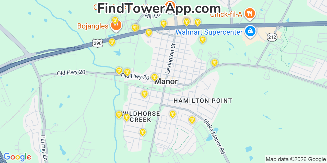 Map showing the 20 primary cell tower locations detected in Manor, Texas from AT&T, Verizon, and T-Mobile networks