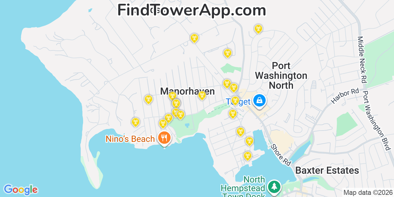 Map showing the 20 primary cell tower locations detected in Manorhaven, New York from AT&T, Verizon, and T-Mobile networks