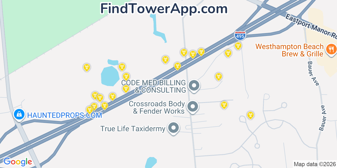 Map showing the 20 primary cell tower locations detected in Manorville, New York from AT&T, Verizon, and T-Mobile networks