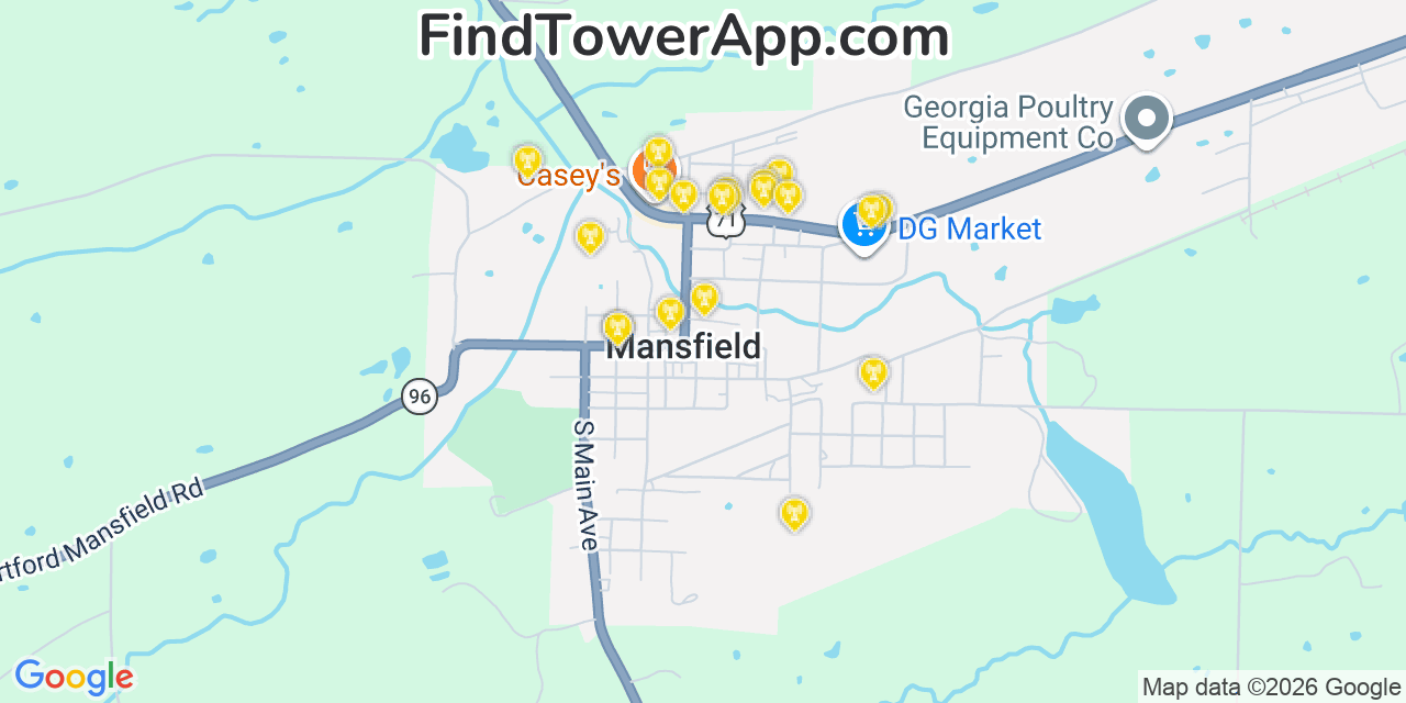Map showing the 20 primary cell tower locations detected in Mansfield, Arkansas from AT&T, Verizon, and T-Mobile networks