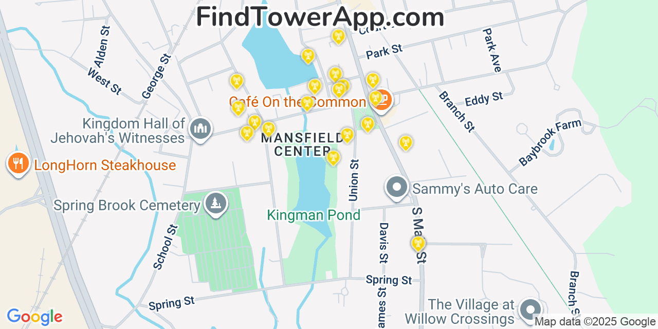 Map showing the 20 primary cell tower locations detected in Mansfield Center, Massachusetts from AT&T, Verizon, and T-Mobile networks