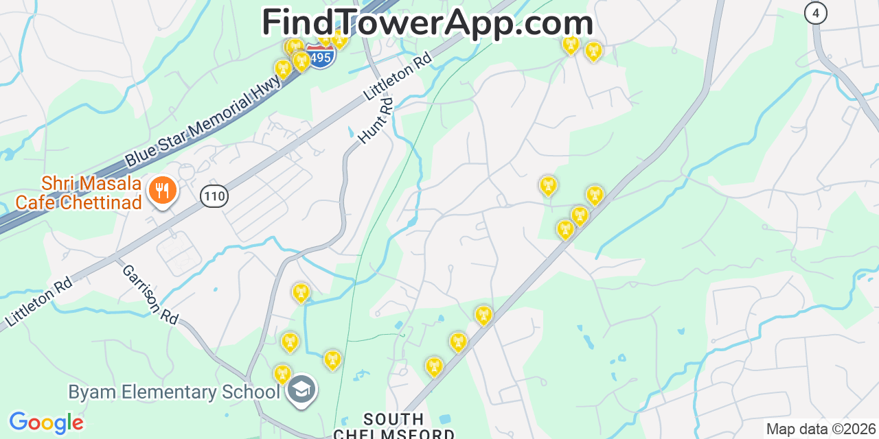 Map showing the 20 primary cell tower locations detected in Mansfield Center, Massachusetts from AT&T, Verizon, and T-Mobile networks