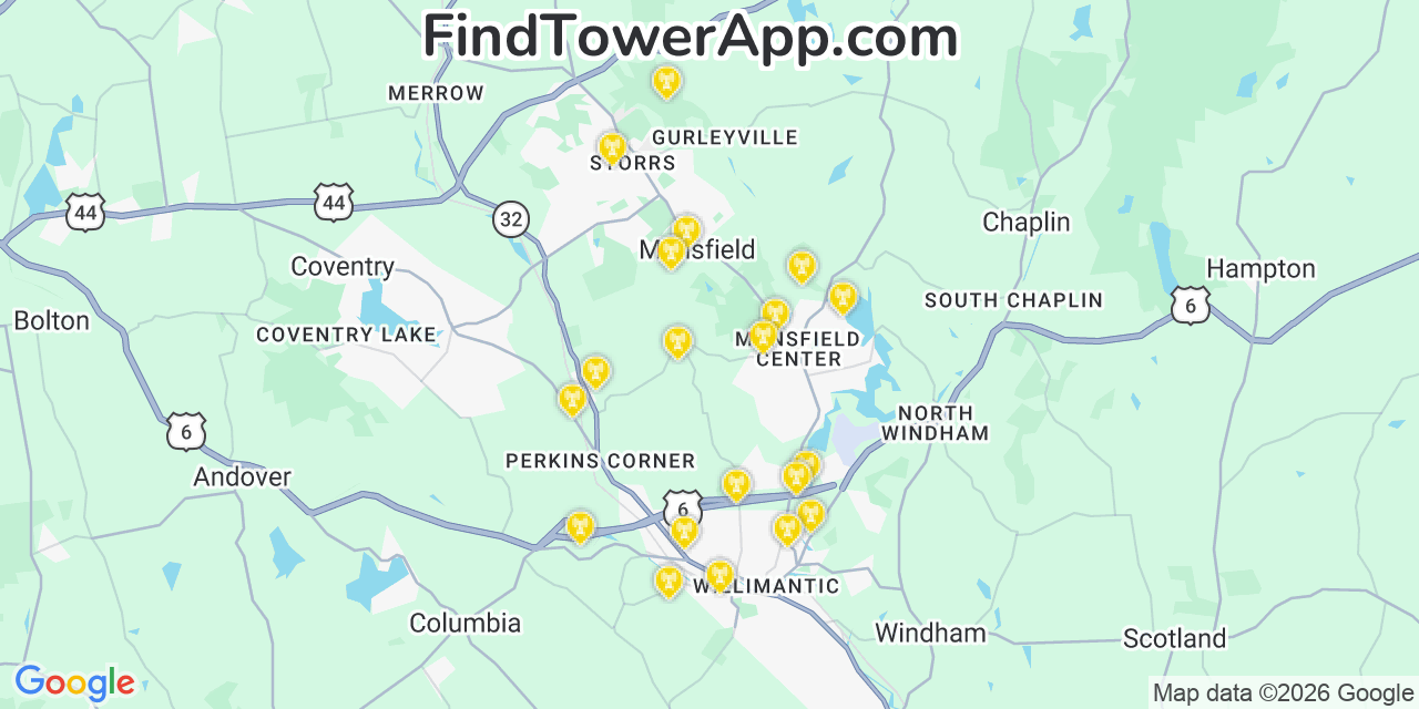 Map showing the 20 primary cell tower locations detected in Mansfield City, Connecticut from AT&T, Verizon, and T-Mobile networks