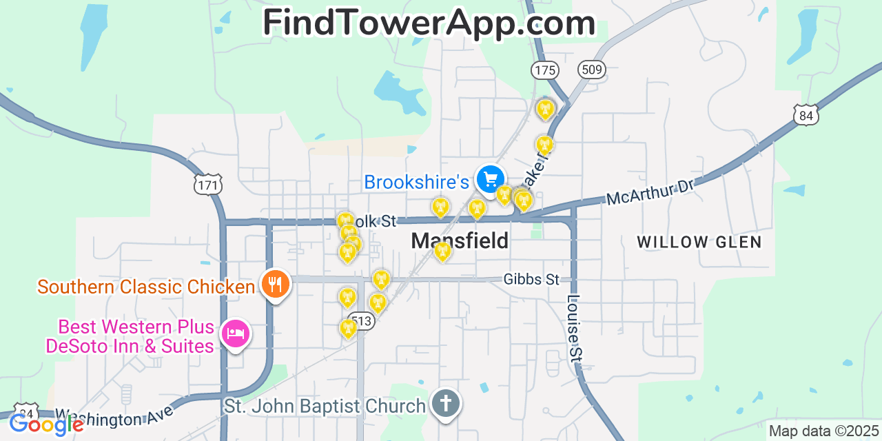 Map showing the 20 primary cell tower locations detected in Mansfield, Louisiana from AT&T, Verizon, and T-Mobile networks