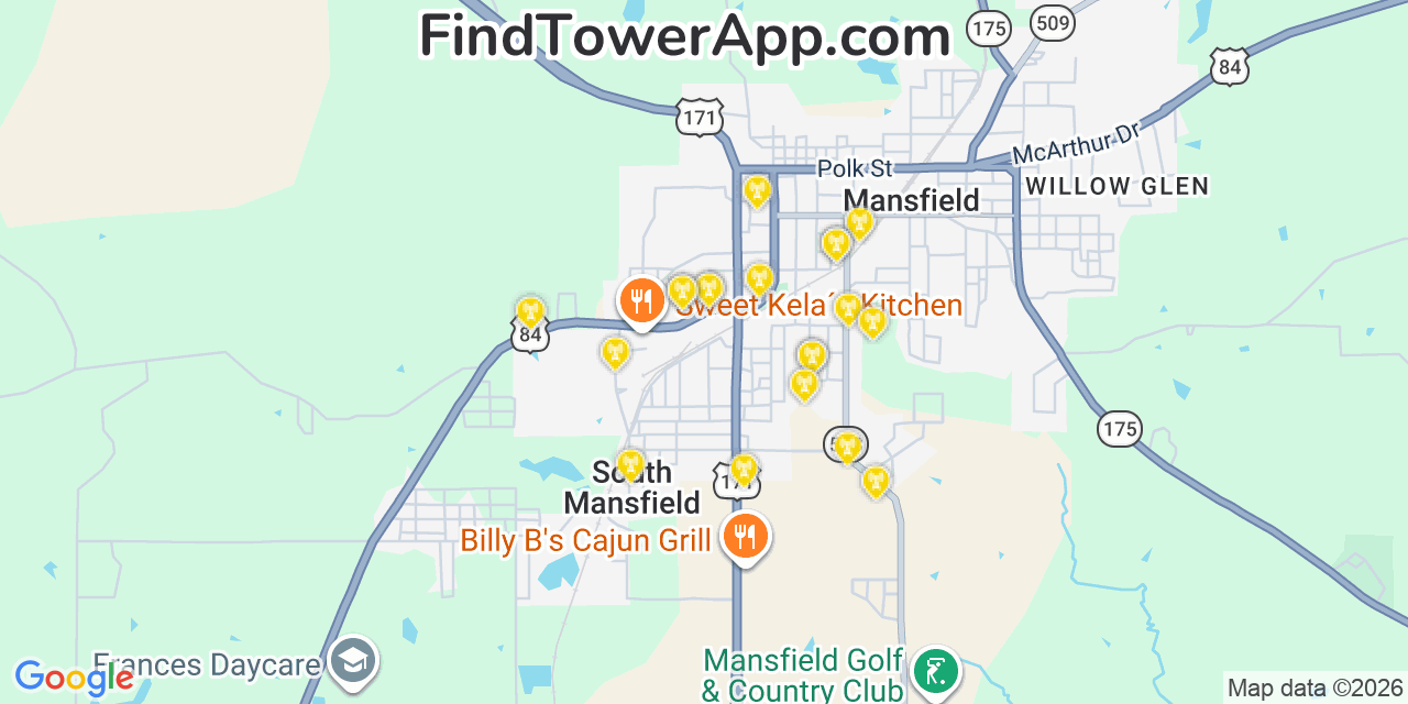 Map showing the 20 primary cell tower locations detected in Mansfield, Louisiana from AT&T, Verizon, and T-Mobile networks