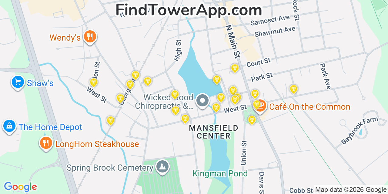 Map showing the 20 primary cell tower locations detected in Mansfield, Massachusetts from AT&T, Verizon, and T-Mobile networks