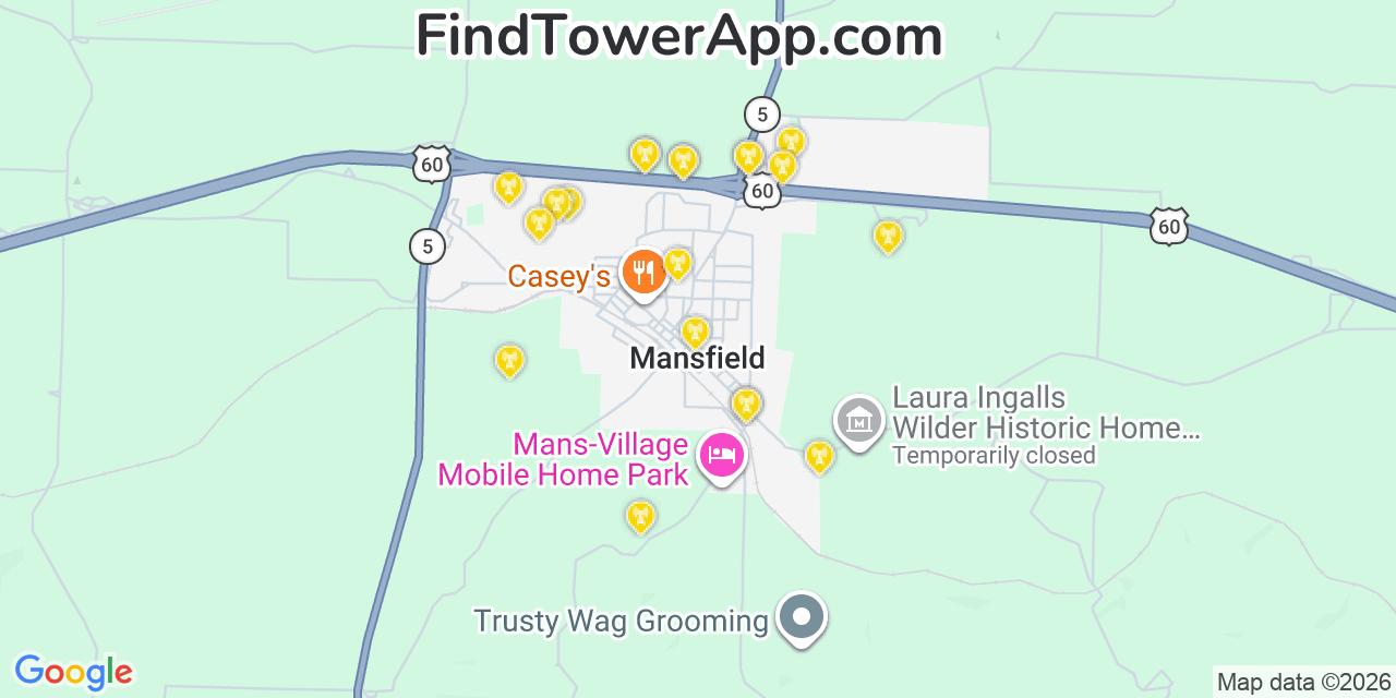 Map showing the 20 primary cell tower locations detected in Mansfield, Missouri from AT&T, Verizon, and T-Mobile networks