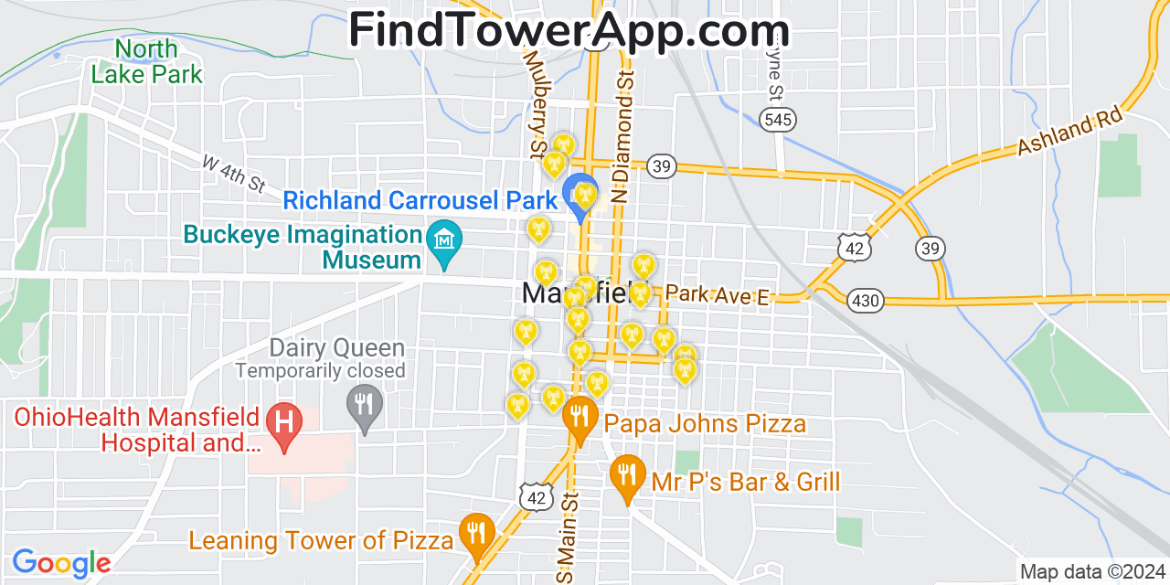 AT&T 4G/5G cell tower coverage map Mansfield, Ohio